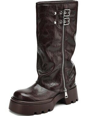 🆕Women's Brown Chunky Platform Moto Riding Boots Slouchy Fold Over